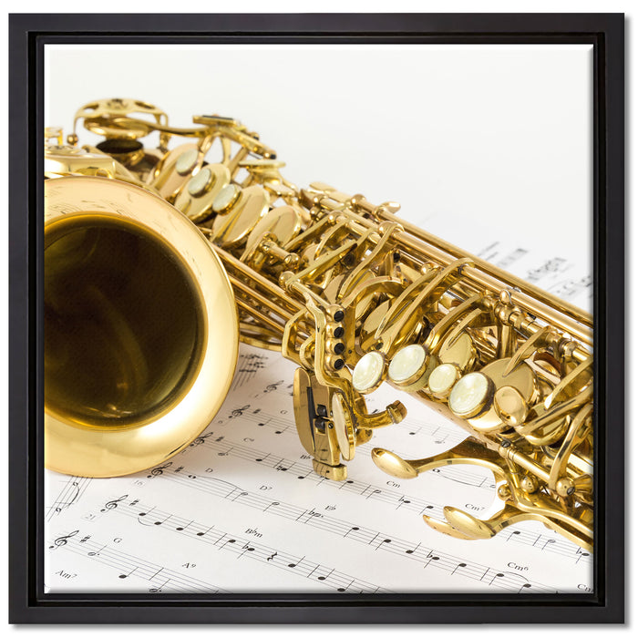Saxophon auf Notenpapier auf Leinwandbild Quadratisch gerahmt Größe 40x40