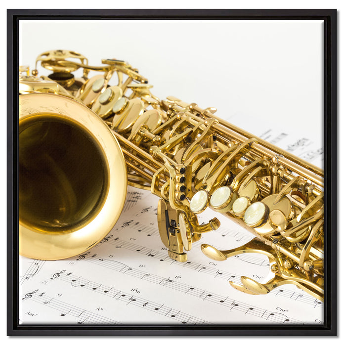 Saxophon auf Notenpapier auf Leinwandbild Quadratisch gerahmt Größe 60x60