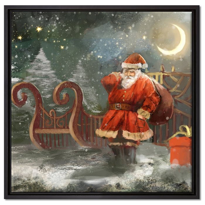Weihnachtsmann mit Geschenken auf Leinwandbild Quadratisch gerahmt Größe 60x60
