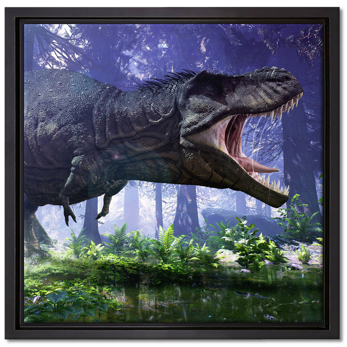 T-Rex Dinosaurier im Wald auf Leinwandbild Quadratisch gerahmt Größe 40x40