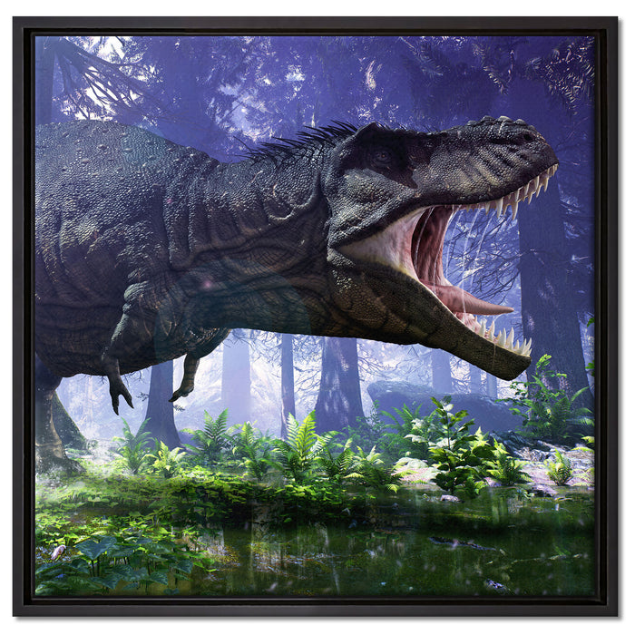 T-Rex Dinosaurier im Wald auf Leinwandbild Quadratisch gerahmt Größe 60x60