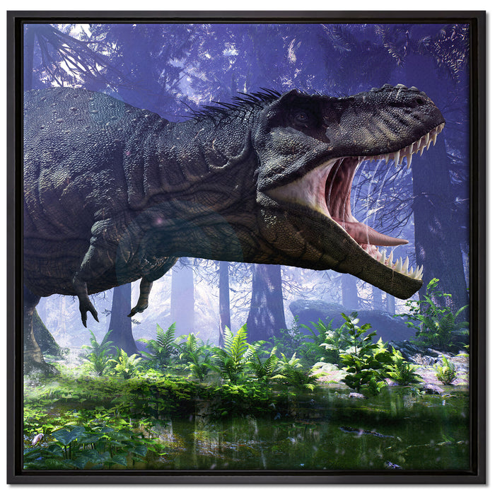 T-Rex Dinosaurier im Wald auf Leinwandbild Quadratisch gerahmt Größe 70x70