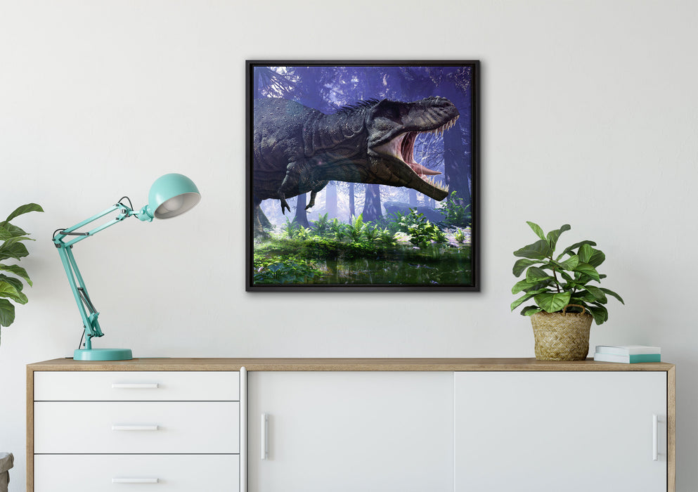 T-Rex Dinosaurier im Wald auf Leinwandbild gerahmt Quadratisch verschiedene Größen im Wohnzimmer