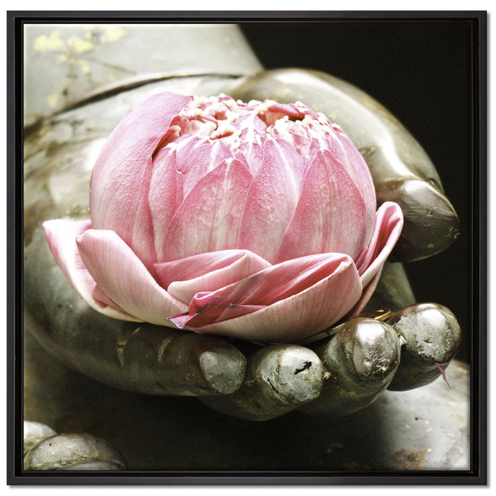Lotus auf der Hand eines Buddhas auf Leinwandbild Quadratisch gerahmt Größe 70x70