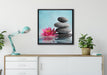 Seerosenblüte mit Zen Steinen auf Leinwandbild gerahmt Quadratisch verschiedene Größen im Wohnzimmer