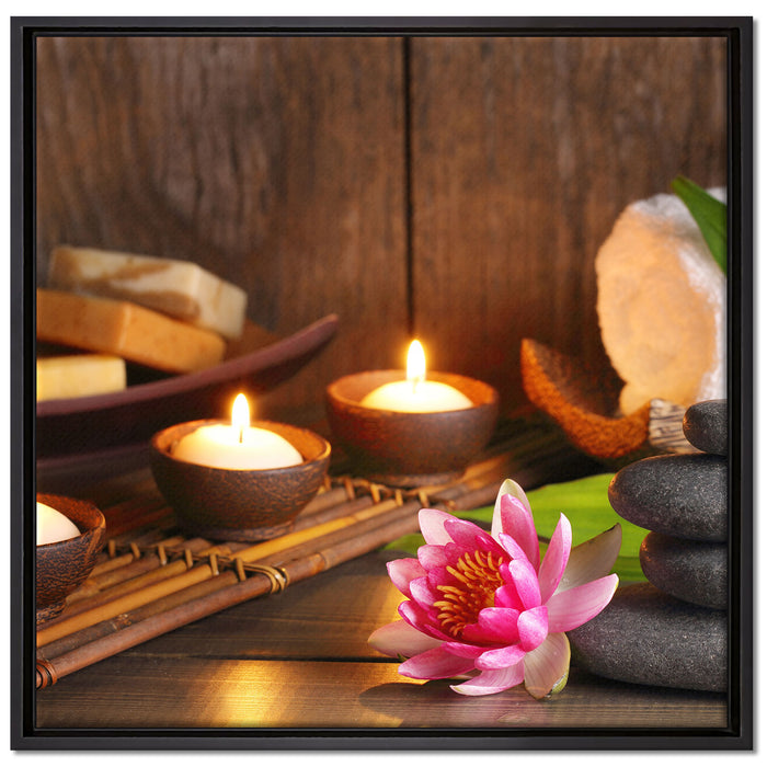 Kerzen mit Zen Steinen und Seerose auf Leinwandbild Quadratisch gerahmt Größe 70x70