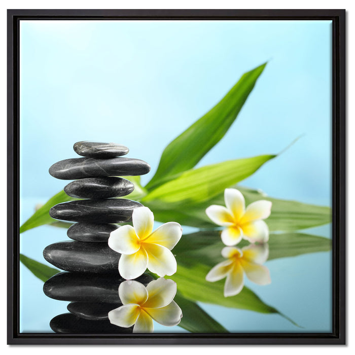 Zen Steinturm Monoi Blüten auf Leinwandbild Quadratisch gerahmt Größe 60x60