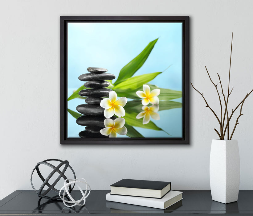 Zen Steinturm Monoi Blüten  auf Leinwandbild Quadratisch gerahmt mit Kirschblüten