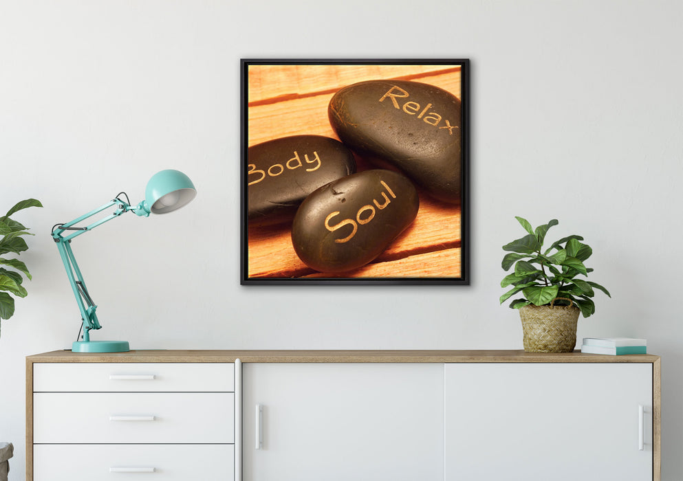 Wellness Body Soul Relax auf Leinwandbild gerahmt Quadratisch verschiedene Größen im Wohnzimmer
