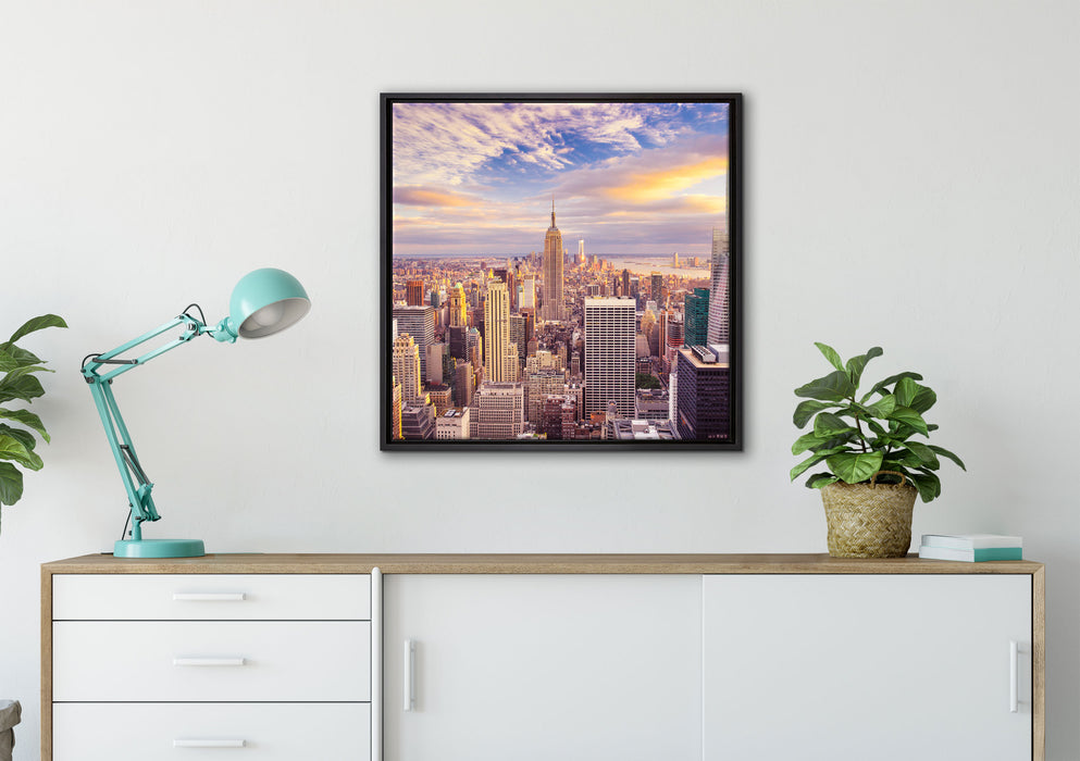 Skyline New York Sonnenuntergang auf Leinwandbild gerahmt Quadratisch verschiedene Größen im Wohnzimmer