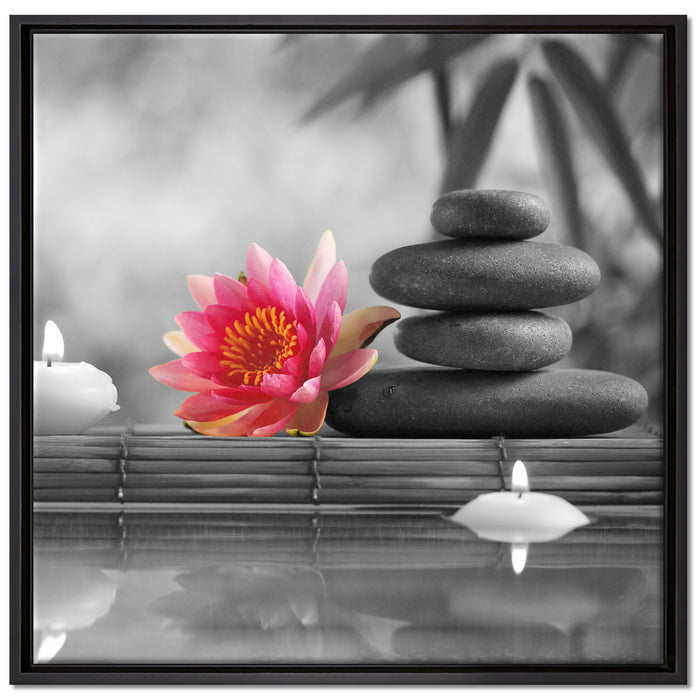 Seerose Zen Steine Kerzen auf Leinwandbild Quadratisch gerahmt Größe 70x70