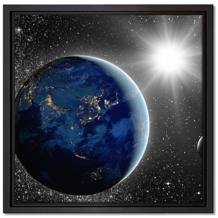 Erde mit Sonne im Weltall auf Leinwandbild Quadratisch gerahmt Größe 40x40
