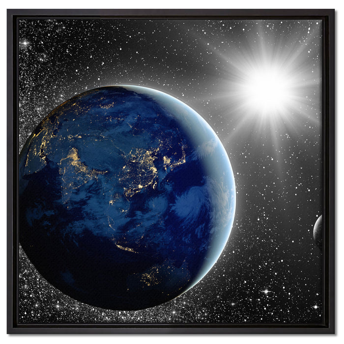 Erde mit Sonne im Weltall auf Leinwandbild Quadratisch gerahmt Größe 60x60
