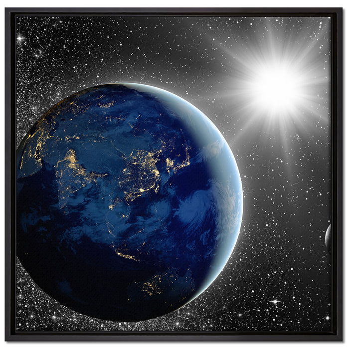Erde mit Sonne im Weltall auf Leinwandbild Quadratisch gerahmt Größe 70x70