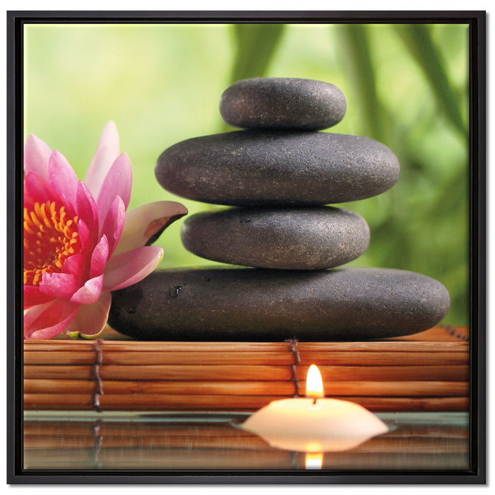Seerose mit Zen Steinen und Kerzen auf Leinwandbild Quadratisch gerahmt Größe 70x70