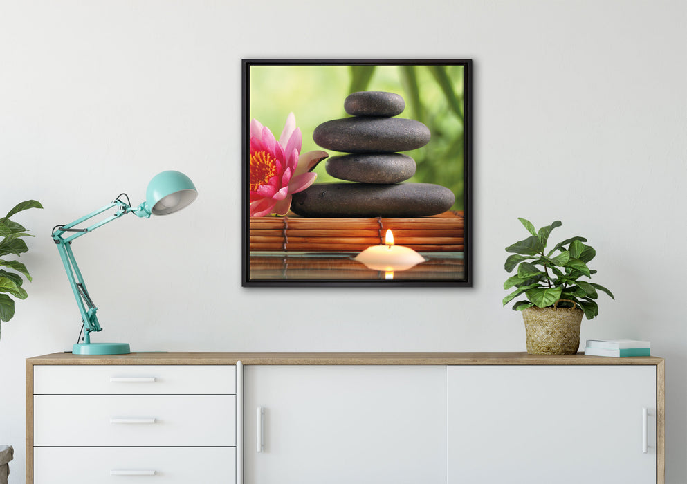 Seerose mit Zen Steinen und Kerzen auf Leinwandbild gerahmt Quadratisch verschiedene Größen im Wohnzimmer