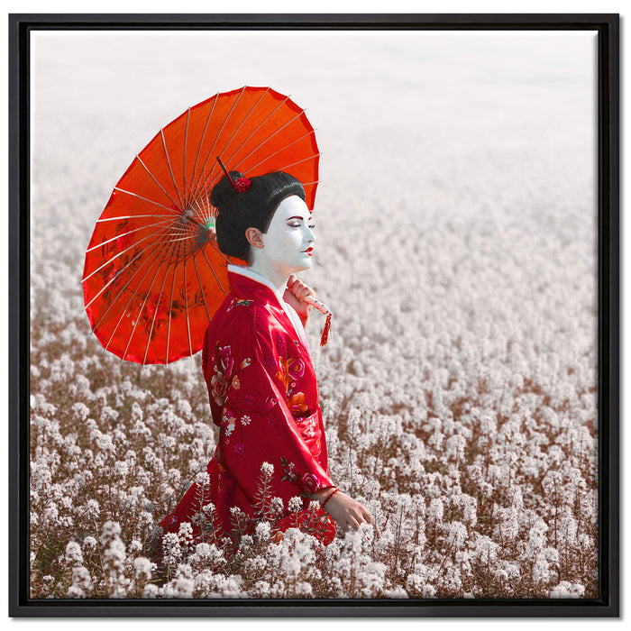 Geisha auf dem Feld auf Leinwandbild Quadratisch gerahmt Größe 70x70