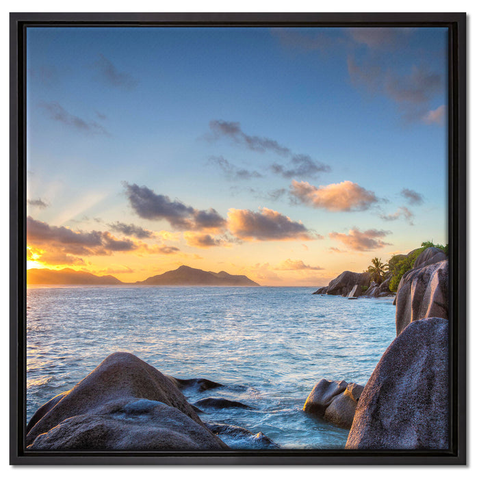 Sonnenuntergang Seychellen auf Leinwandbild Quadratisch gerahmt Größe 60x60