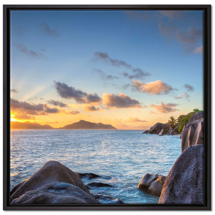 Sonnenuntergang Seychellen auf Leinwandbild Quadratisch gerahmt Größe 70x70