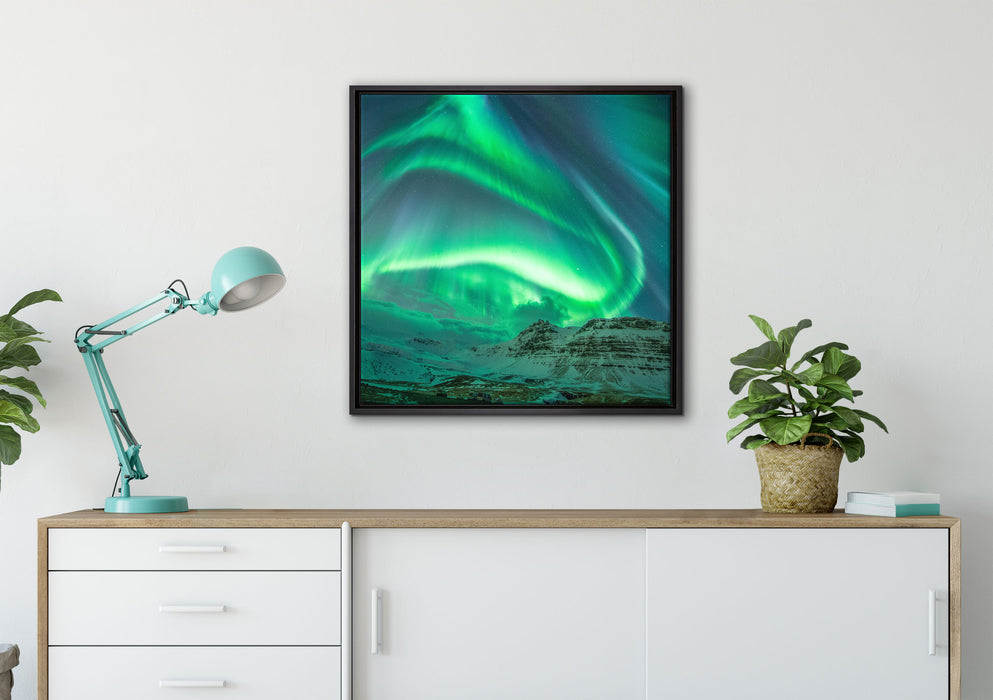 Nordlichter über Island auf Leinwandbild gerahmt Quadratisch verschiedene Größen im Wohnzimmer