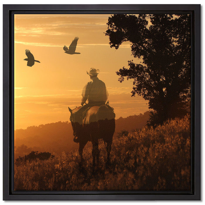 Ein Cowboy im Sonnenuntergang auf Leinwandbild Quadratisch gerahmt Größe 40x40