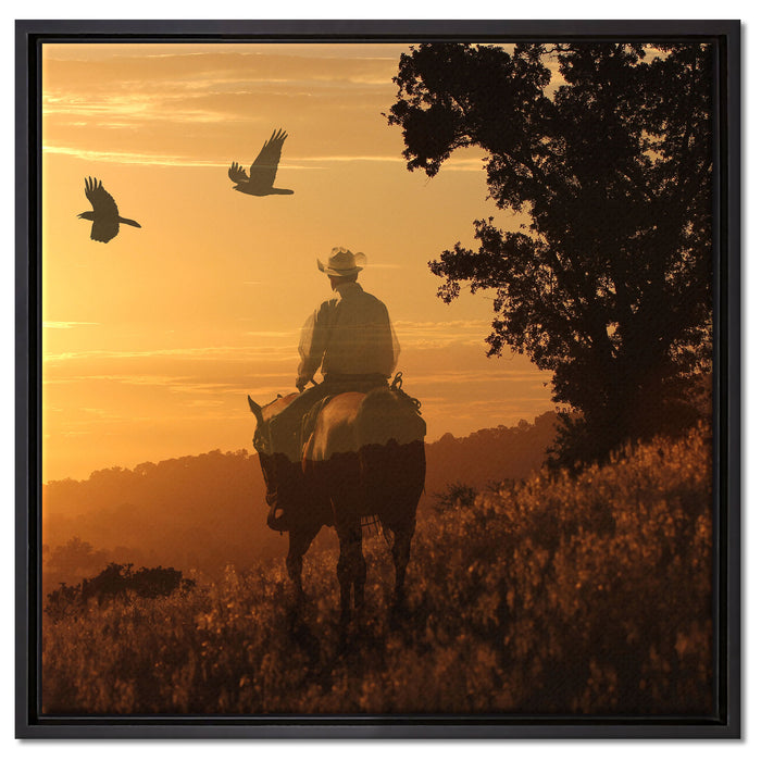 Ein Cowboy im Sonnenuntergang auf Leinwandbild Quadratisch gerahmt Größe 60x60