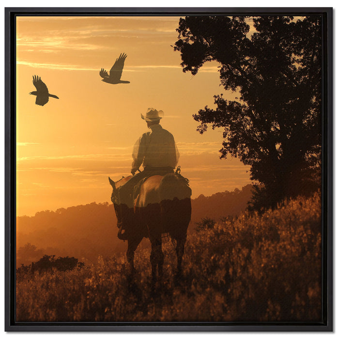 Ein Cowboy im Sonnenuntergang auf Leinwandbild Quadratisch gerahmt Größe 70x70