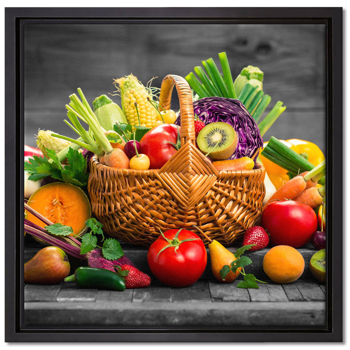 Frisches Obst und Gemüse im Korb auf Leinwandbild Quadratisch gerahmt Größe 40x40