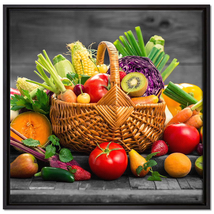 Frisches Obst und Gemüse im Korb auf Leinwandbild Quadratisch gerahmt Größe 70x70