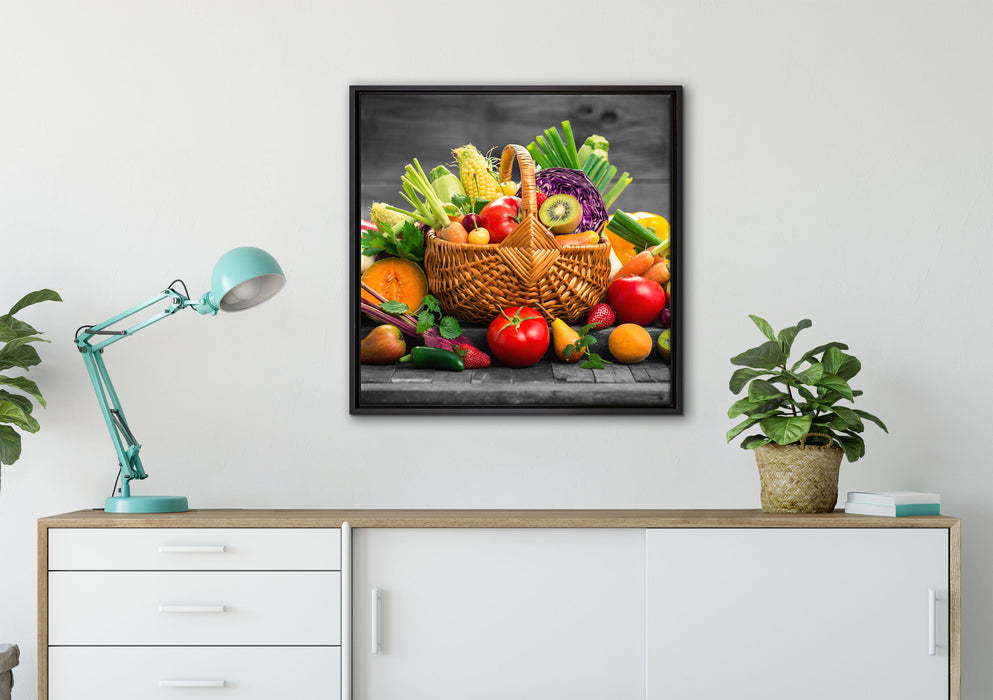 Frisches Obst und Gemüse im Korb auf Leinwandbild gerahmt Quadratisch verschiedene Größen im Wohnzimmer
