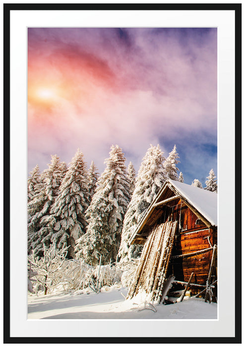 Holzhütte im Schnee Passepartout 100x70