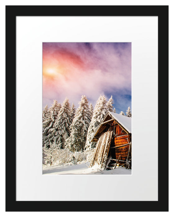 Holzhütte im Schnee Passepartout 38x30