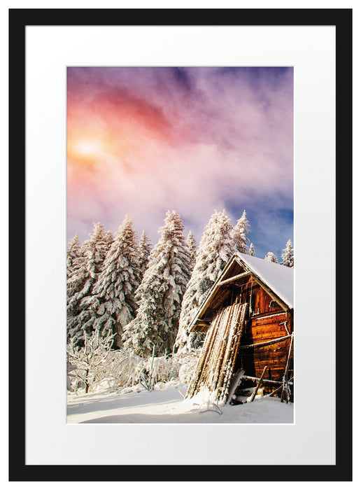 Holzhütte im Schnee Passepartout 55x40