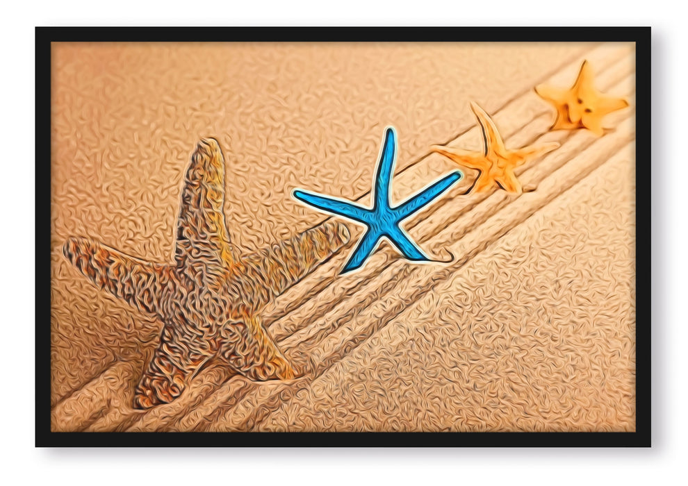 schöne Seesterne im Sand, Poster mit Bilderrahmen