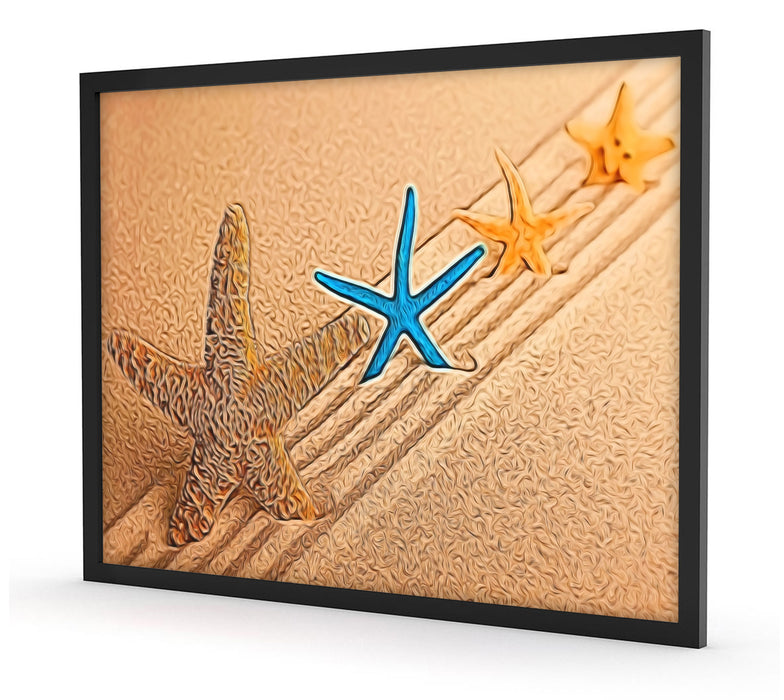 schöne Seesterne im Sand, Poster mit Bilderrahmen