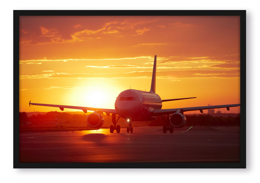 Flugzeug im Sonnenuntergang, Poster mit Bilderrahmen