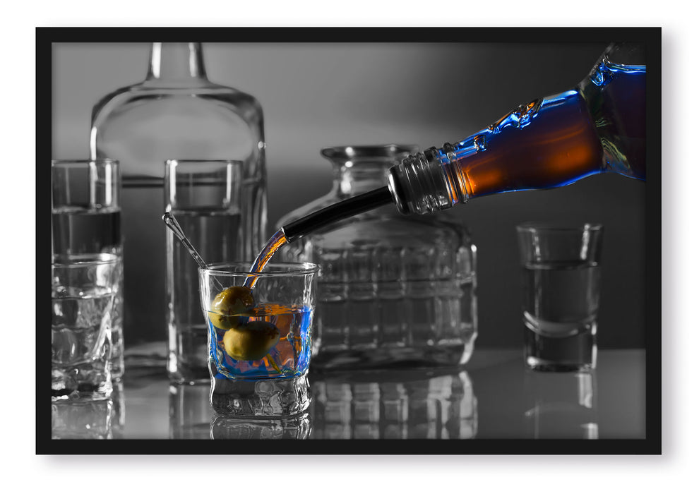 Alkohol Shots mit Oliven, Poster mit Bilderrahmen