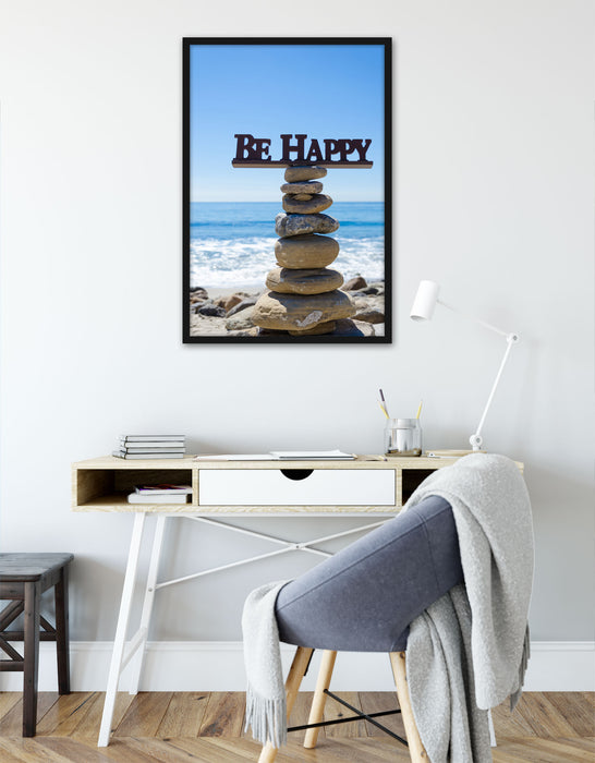 Steinturm am Strand, Poster mit Bilderrahmen