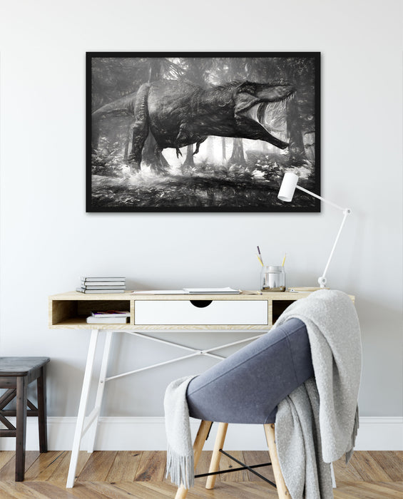 T-Rex Dinosaurier im Wald Kunst, Poster mit Bilderrahmen