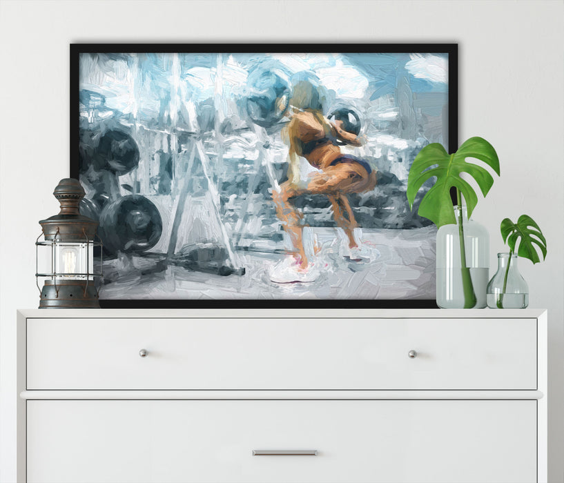 Sportliche Frau mit Hantelstange, Poster mit Bilderrahmen