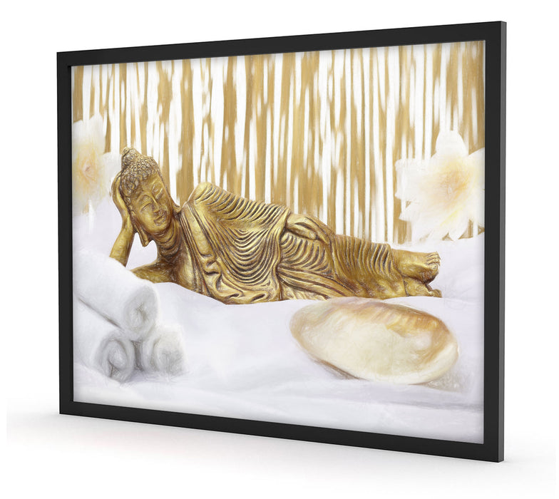 goldener Buddha auf Handtuch, Poster mit Bilderrahmen