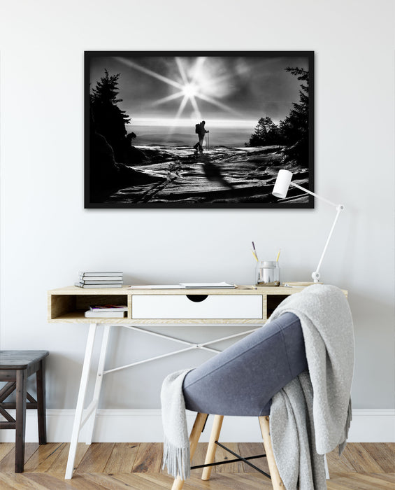 Wintersport Sonnenuntergang Ski, Poster mit Bilderrahmen