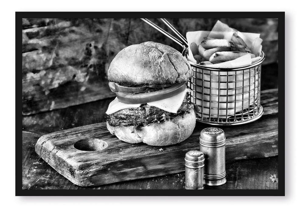 Cheesburger mit Pommes, Poster mit Bilderrahmen