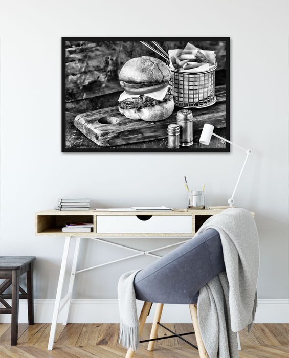 Cheesburger mit Pommes, Poster mit Bilderrahmen