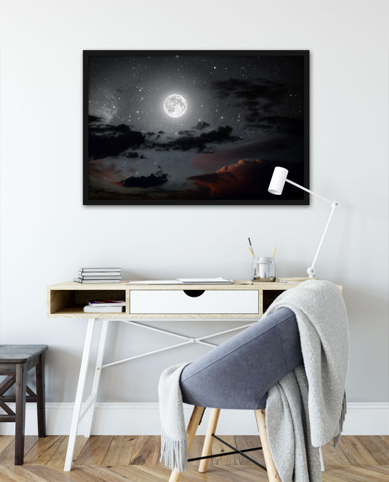 Leuchtender Mond am Nachthimmel, Poster mit Bilderrahmen