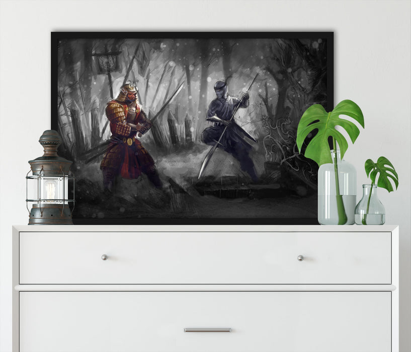 Kampf zwischen Samurai und Ninja, Poster mit Bilderrahmen