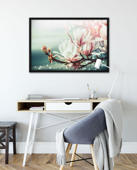 Wunderschöne Magnolien Nahaufnahme, Poster mit Bilderrahmen