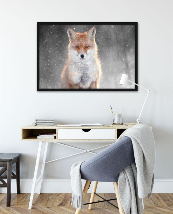 Roter Fuchs im Winter B&W Detail, Poster mit Bilderrahmen