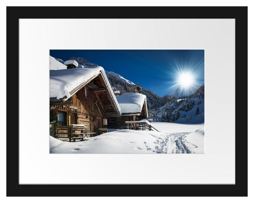 Verschneite Alpenhütte Passepartout 38x30