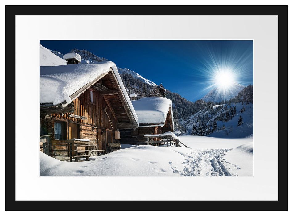 Verschneite Alpenhütte Passepartout 55x40
